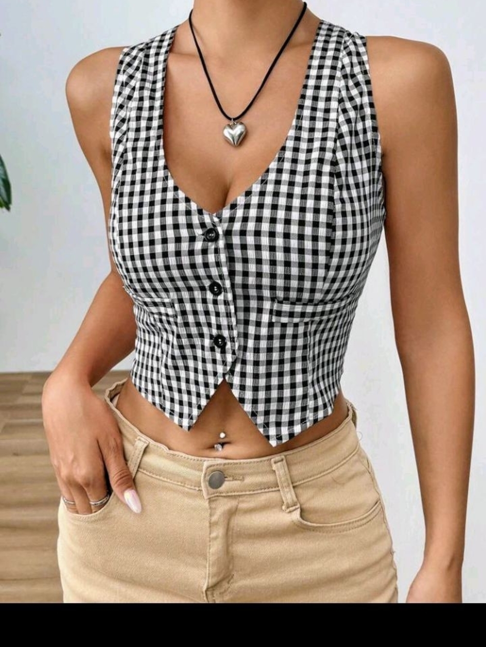 Sleeveless Black and White Gingham Button-Front Crop Top
